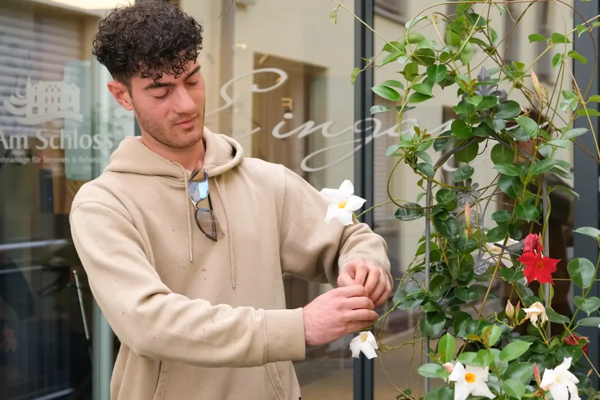 Ein junger Mann pflegt die Blumen vor einem Haus. Er ist Beschäftigter in unserem BiAp-Programm und arbeitet als Gärtner.